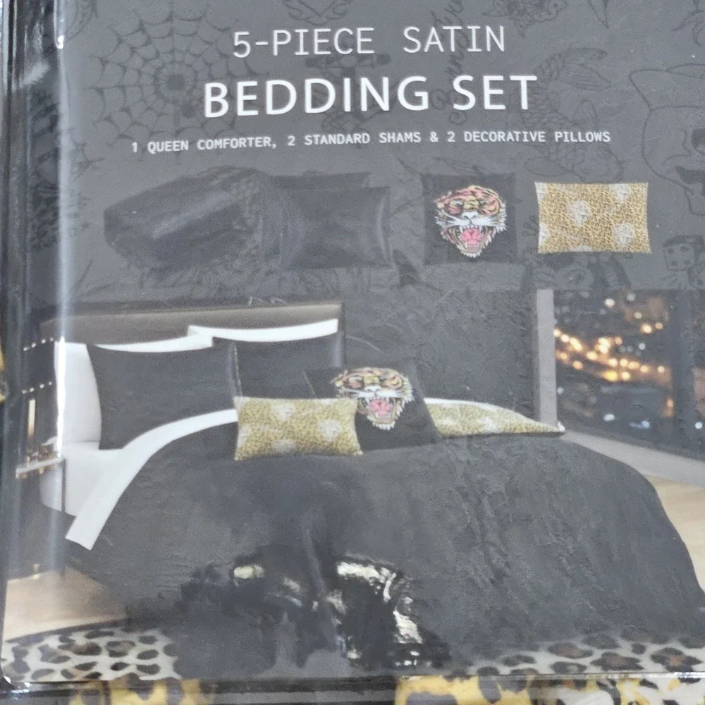 Ed Hardy Queen 8 Pc Bedding Set Reversible Skull Leopard Tattoo Y2K Gothic